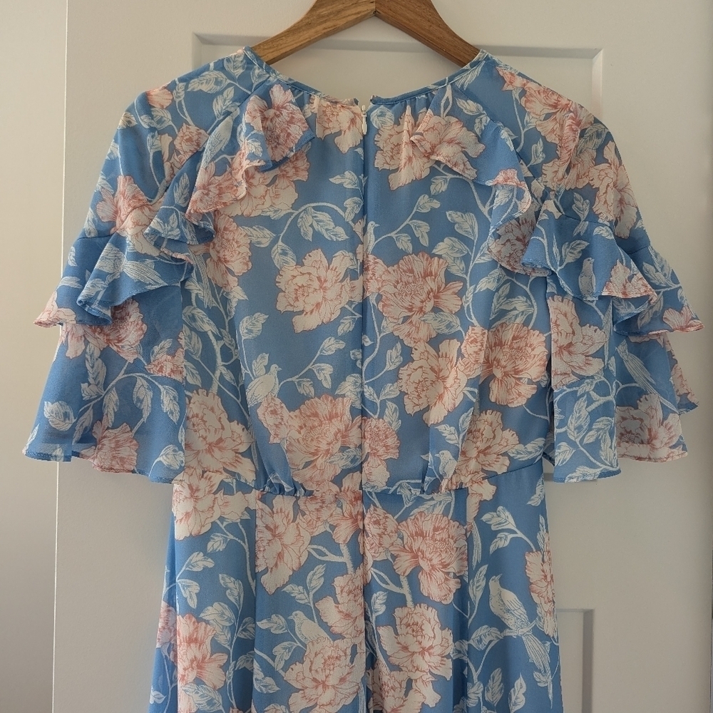 Gal Meets Glam Maxi Blue Pink Floral Shelby Dress Tie Neck Size 4 - Picture 8 of 10